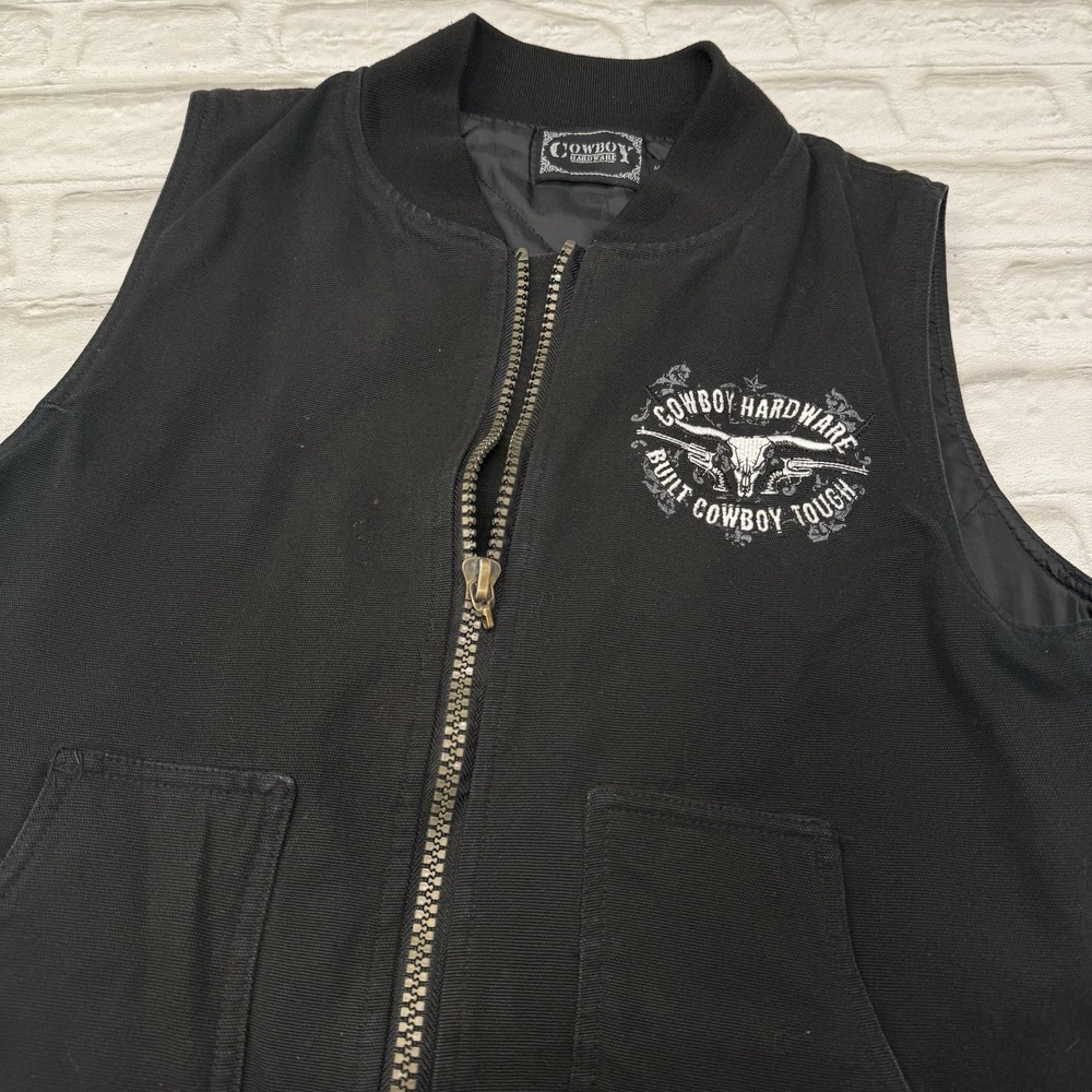 Cowboy Hardware Vest Mens M Black Duck Canvas Western Quilt Lined Embroidered - Picture 14 of 15